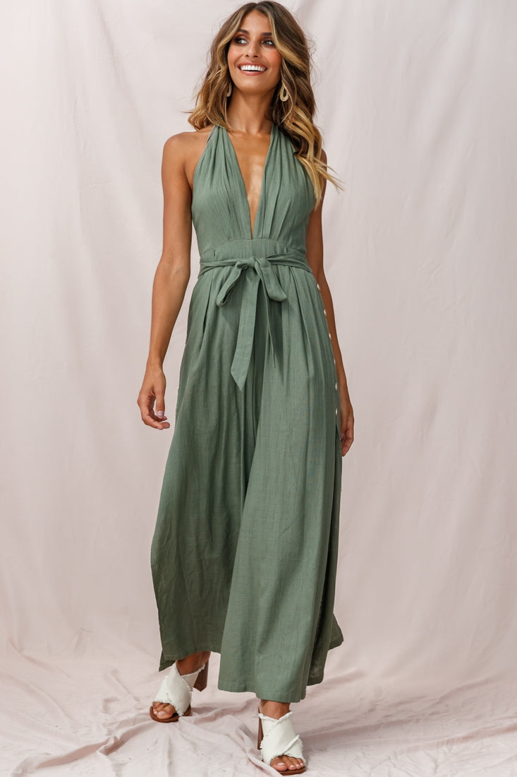 Aruba Wide Leg Halterneck Jumpsuit Khaki-Fable Dress