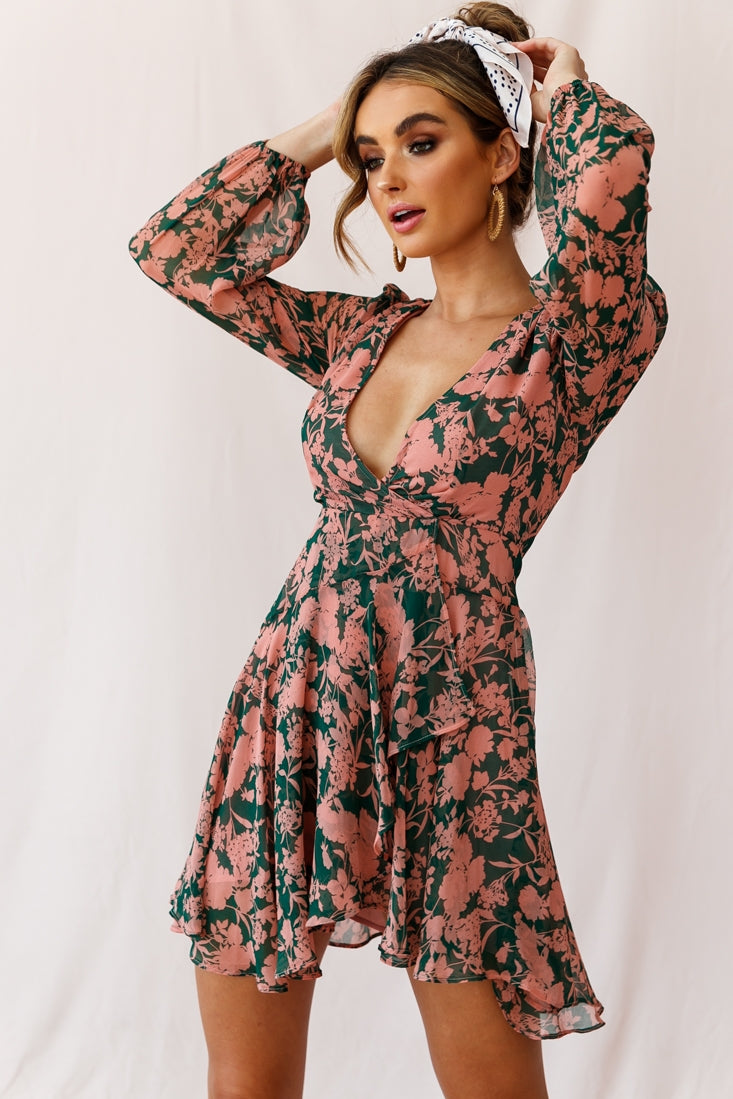 Wisteria Lane Long Sleeve Tea Dress Forest Green-Fable Dress