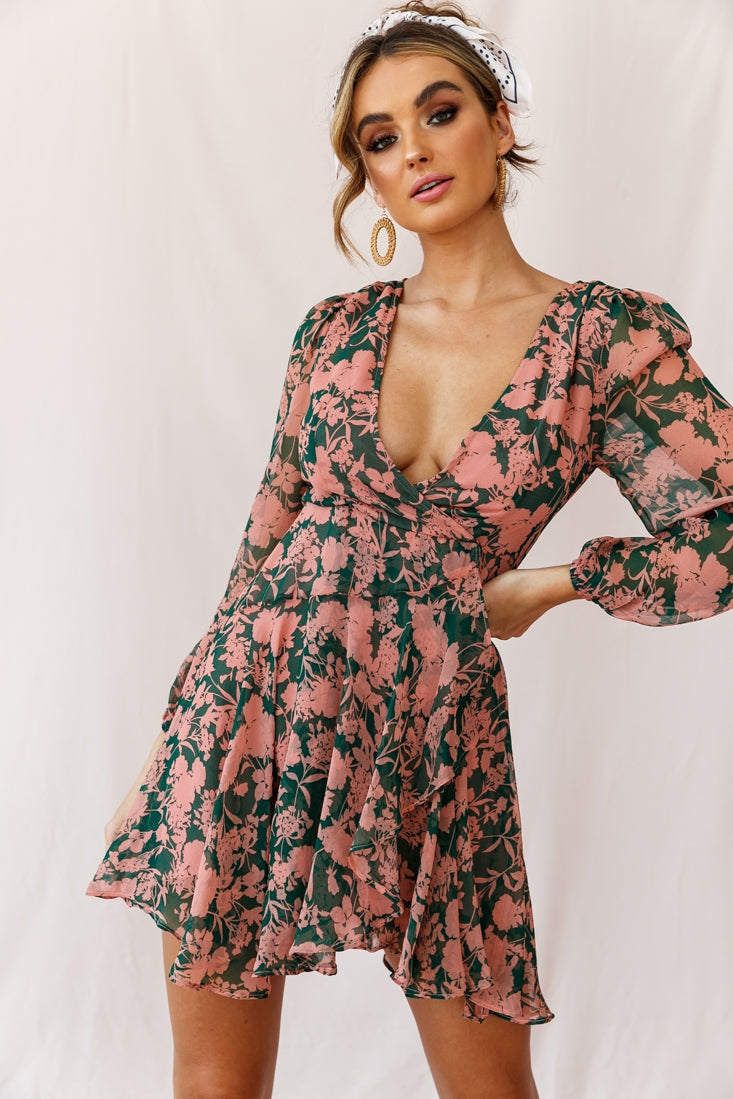 Wisteria Lane Long Sleeve Tea Dress Forest Green-Fable Dress