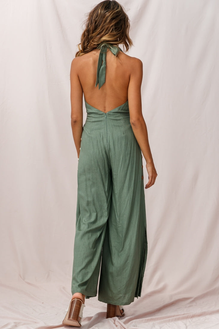Aruba Wide Leg Halterneck Jumpsuit Khaki-Fable Dress