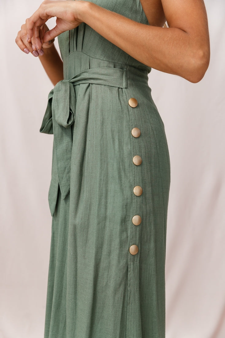 Aruba Wide Leg Halterneck Jumpsuit Khaki-Fable Dress