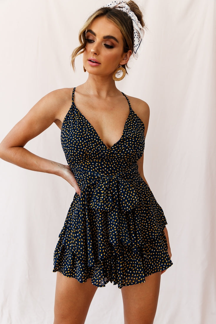 Maddox Fit & Flare Cami Strap Romper Speckle Print Navy-Fable Dress