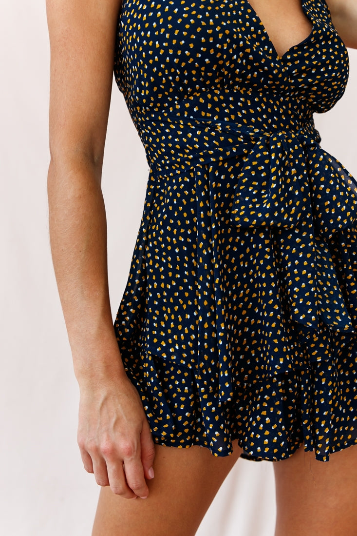 Maddox Fit & Flare Cami Strap Romper Speckle Print Navy-Fable Dress