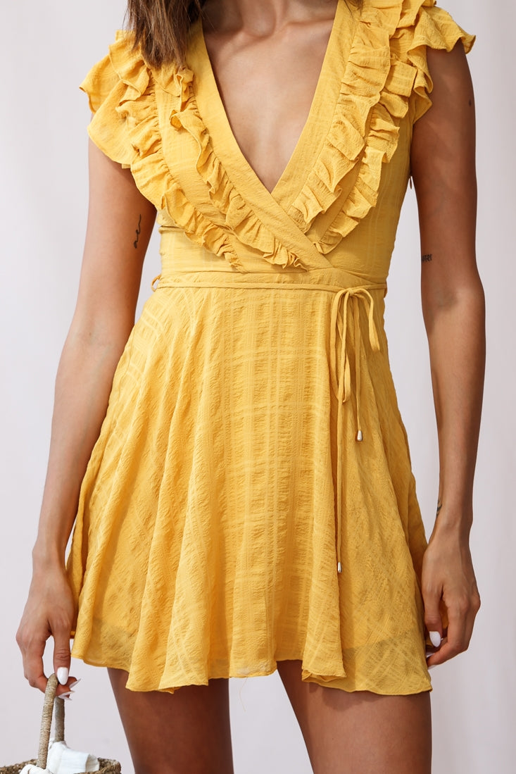 Asher Layered Frill Neckline Mini Dress Yellow-Fable Dress