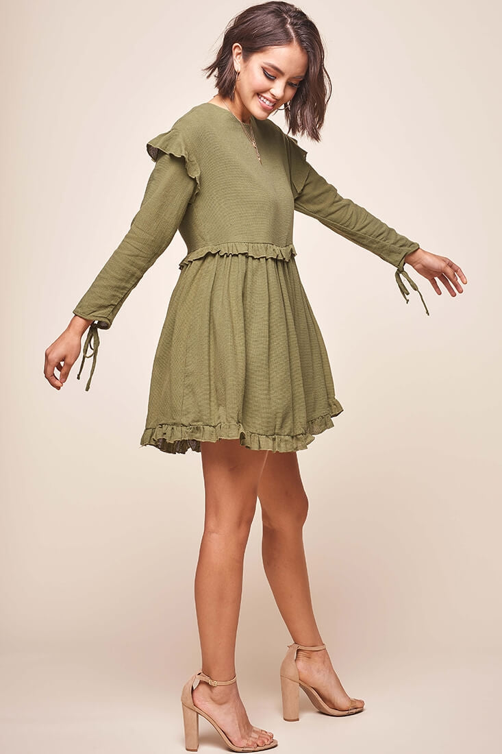 Marion Long Sleeve Shift Dress Khaki-Fable Dress