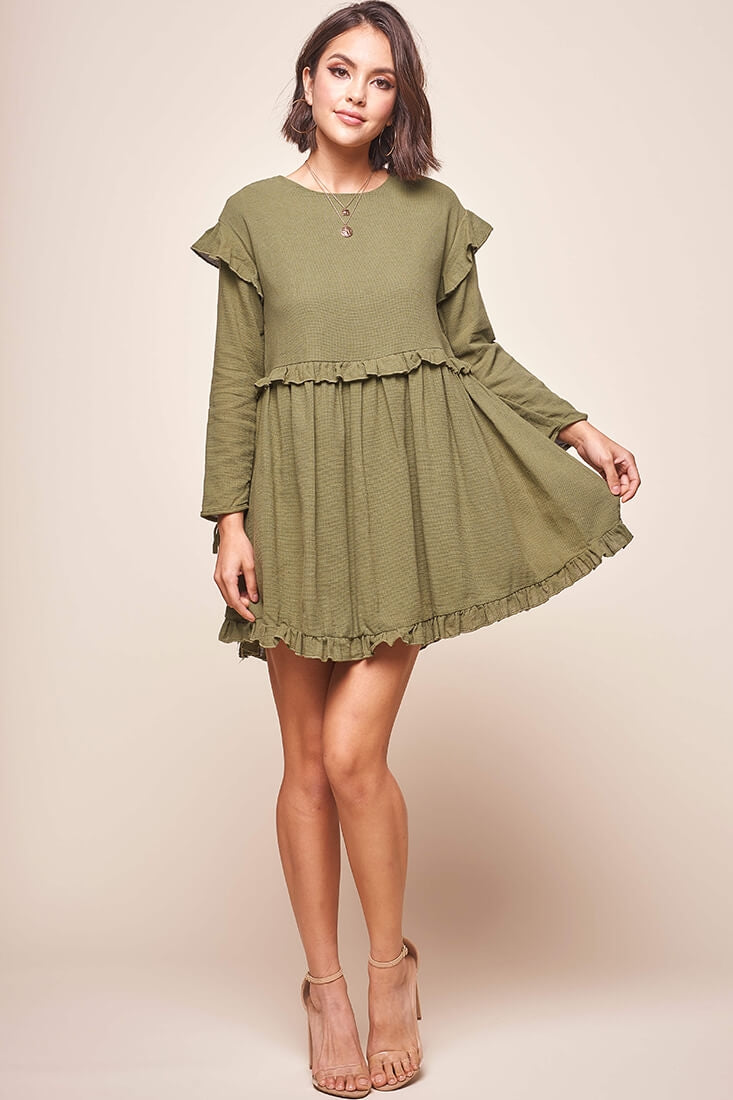 Marion Long Sleeve Shift Dress Khaki-Fable Dress