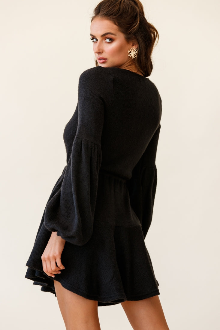 Annalise Long Sleeve Drawstring Knit Dress Black-Fable Dress