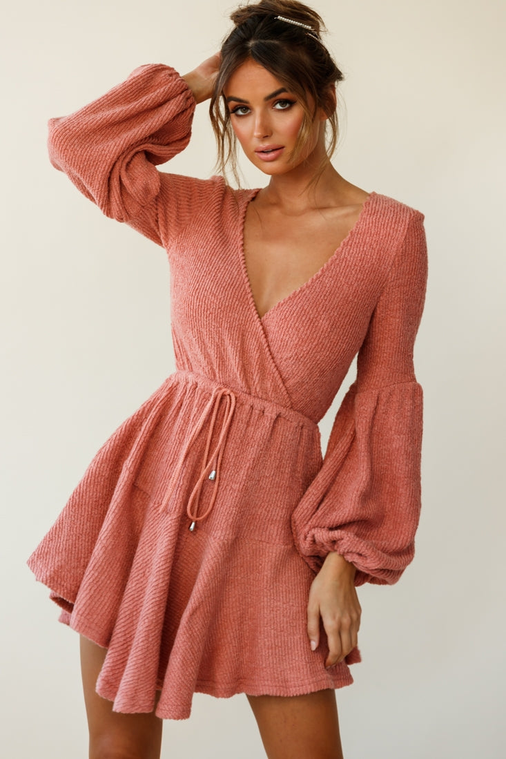 Annalise Long Sleeve Drawstring Knit Dress Rose-Fable Dress