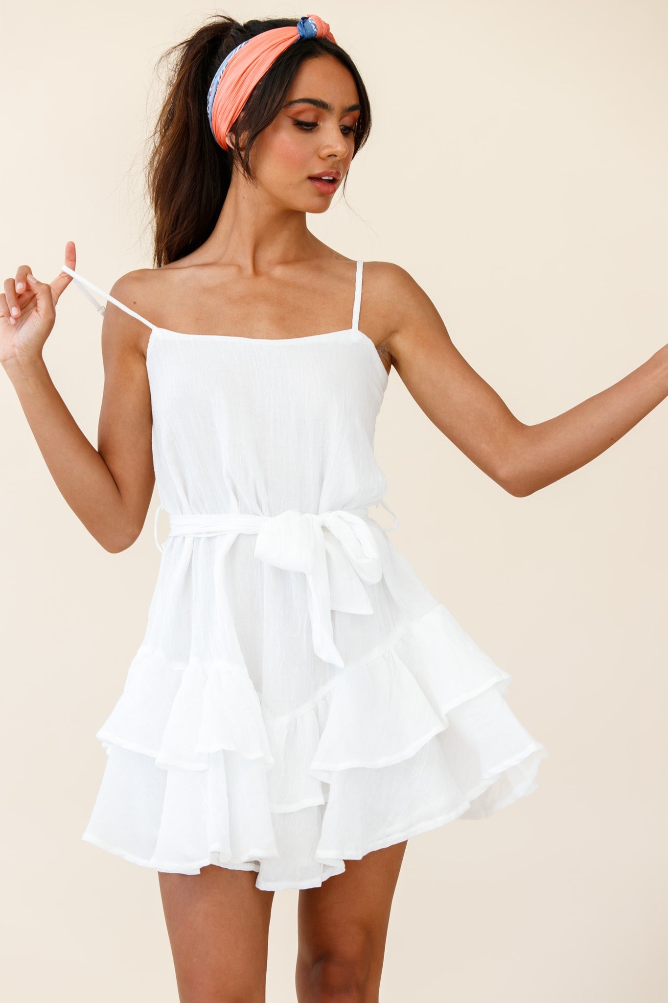 Wilshire Tiered Ruffle Hem Spaghetti Strap Dress White-Fable Dress