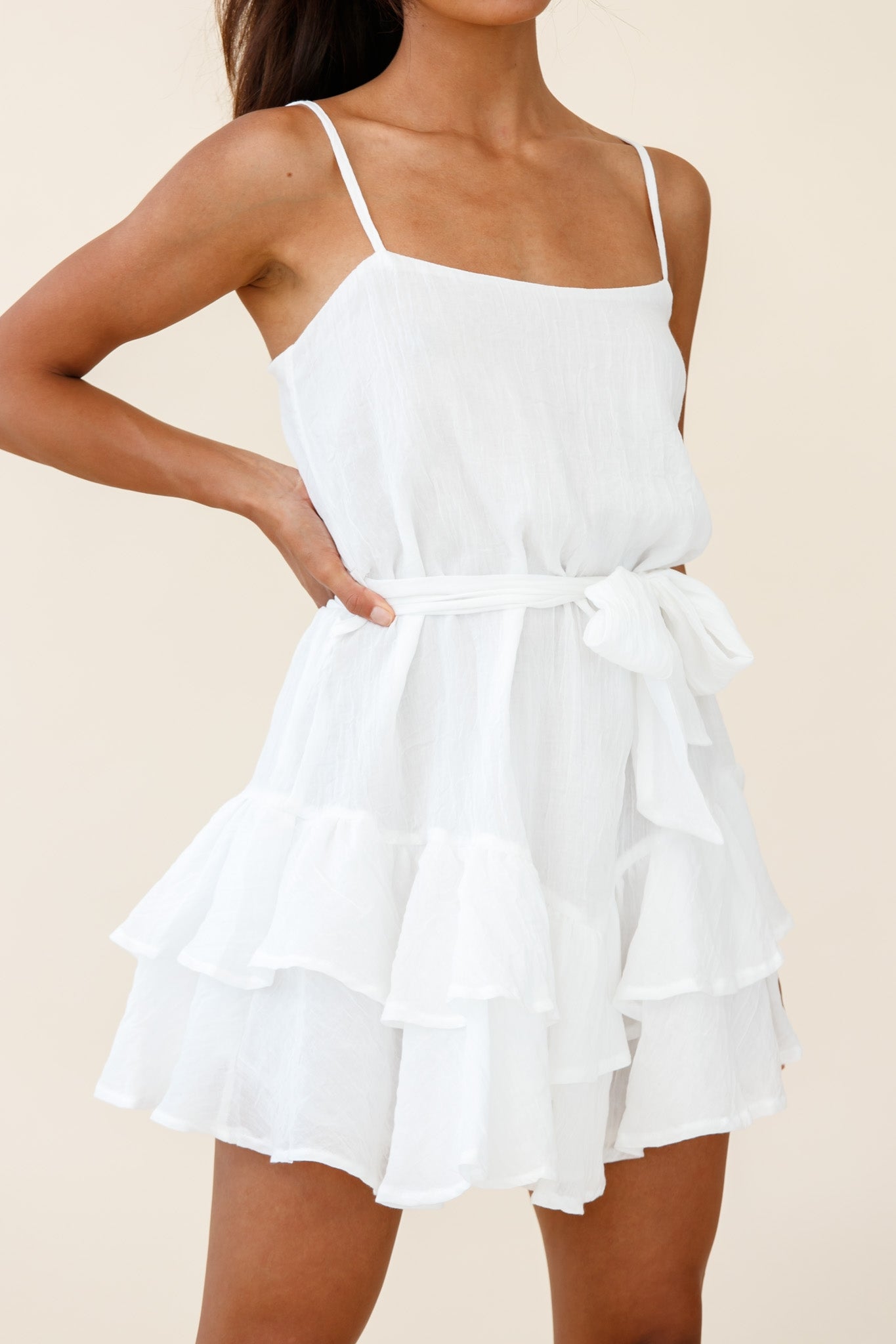 Wilshire Tiered Ruffle Hem Spaghetti Strap Dress White-Fable Dress