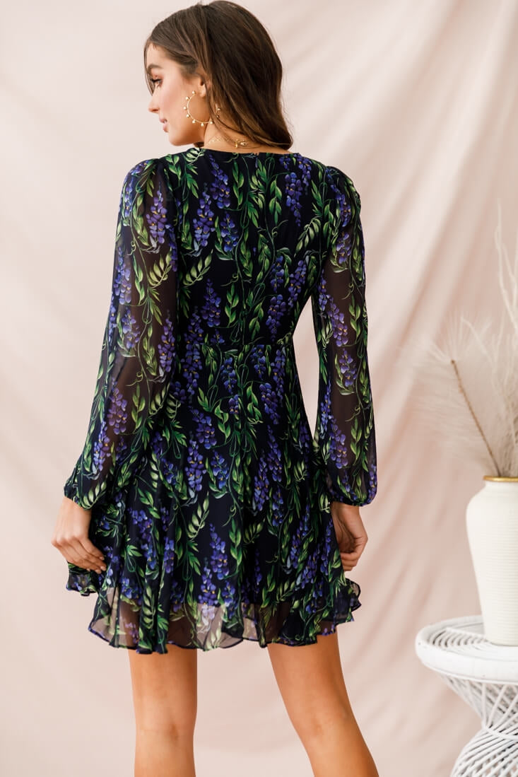 Wisteria Lane Long Sleeve Tea Dress Navy-Fable Dress