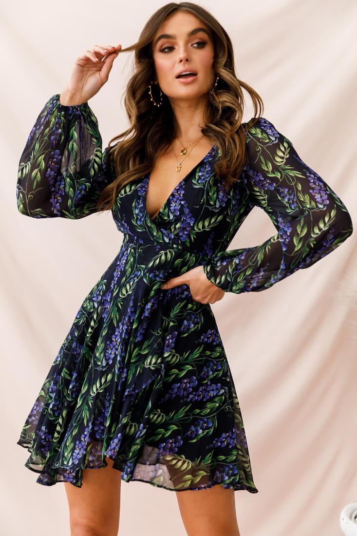 Wisteria Lane Long Sleeve Tea Dress Navy-Fable Dress