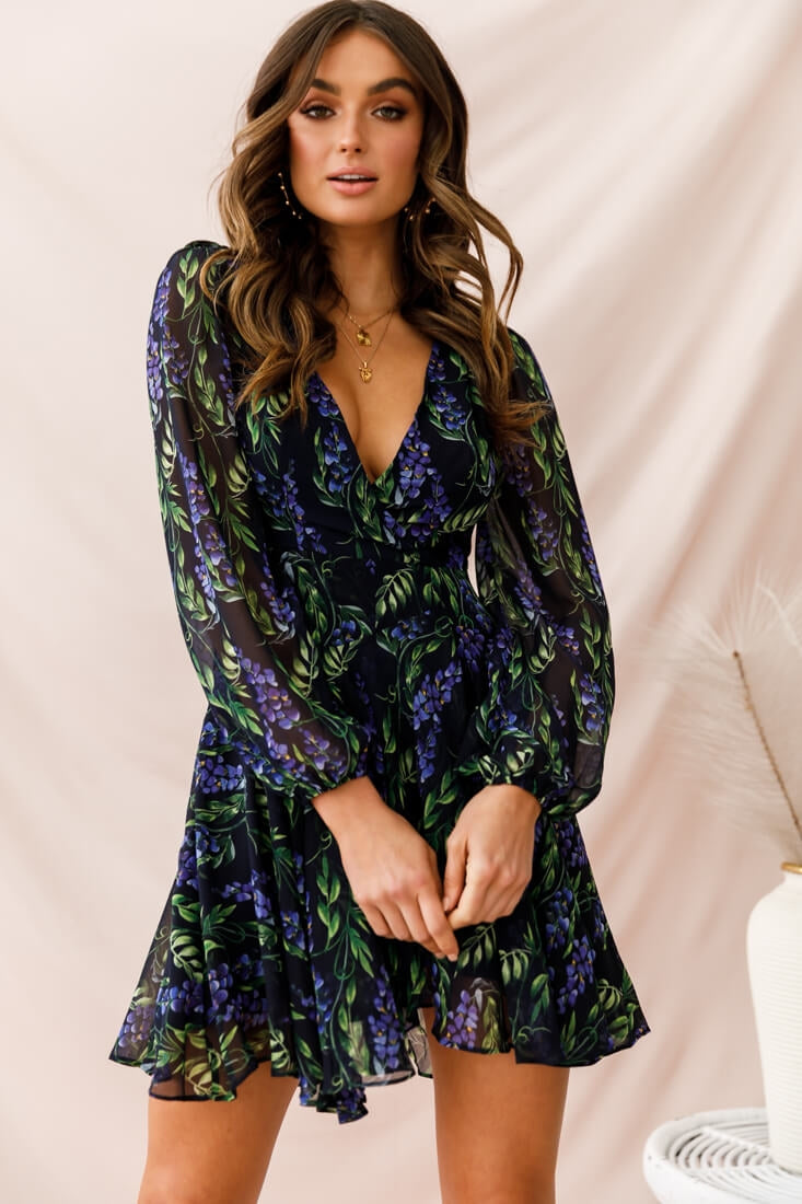Wisteria Lane Long Sleeve Tea Dress Navy-Fable Dress