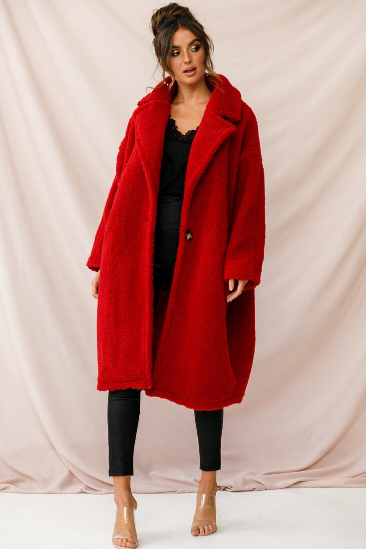 Berlin Notched Lapel Longline Fleece Coat Red-Fable Dress