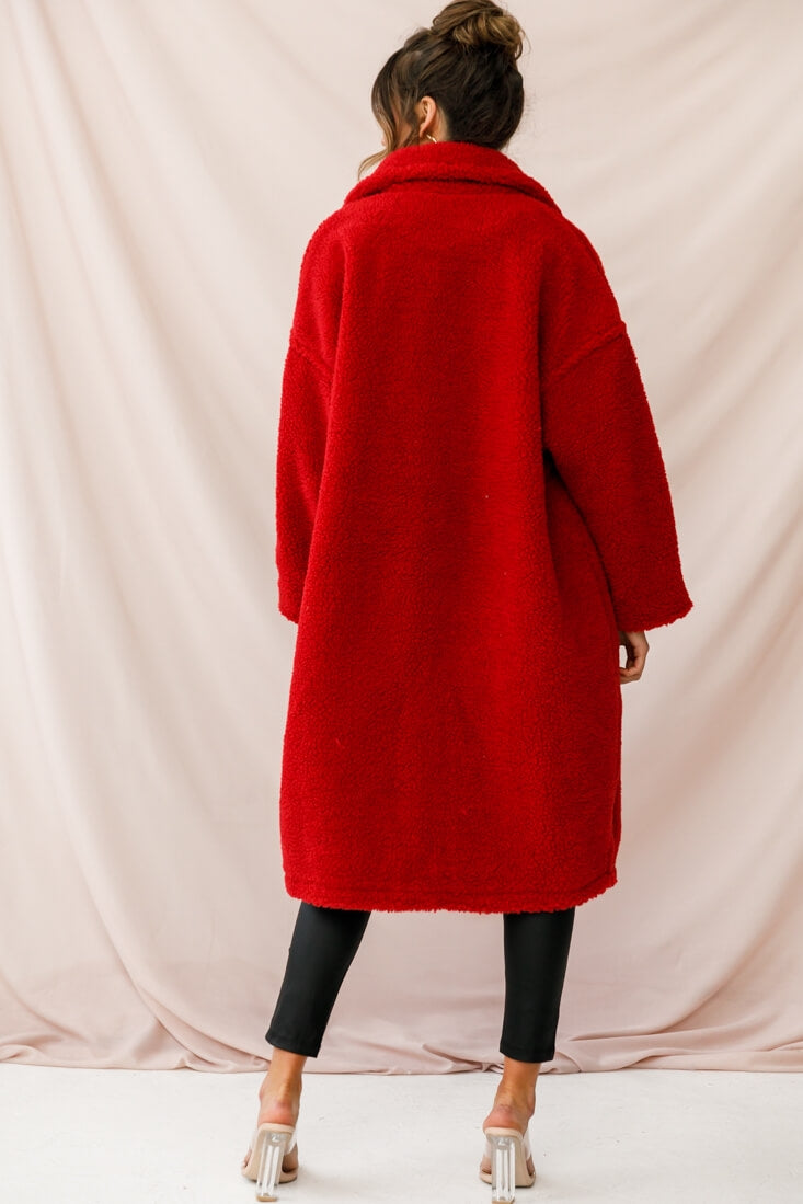 Berlin Notched Lapel Longline Fleece Coat Red-Fable Dress