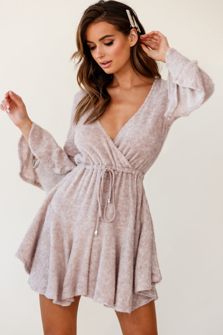 Wait For It Long Sleeve Drawstring Dress Blush-Fable Dress