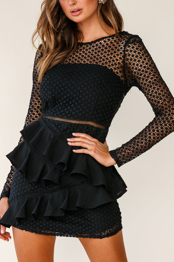 Aramis Long Sleeve Lace & Ruffle Detail Dress Black-Fable Dress