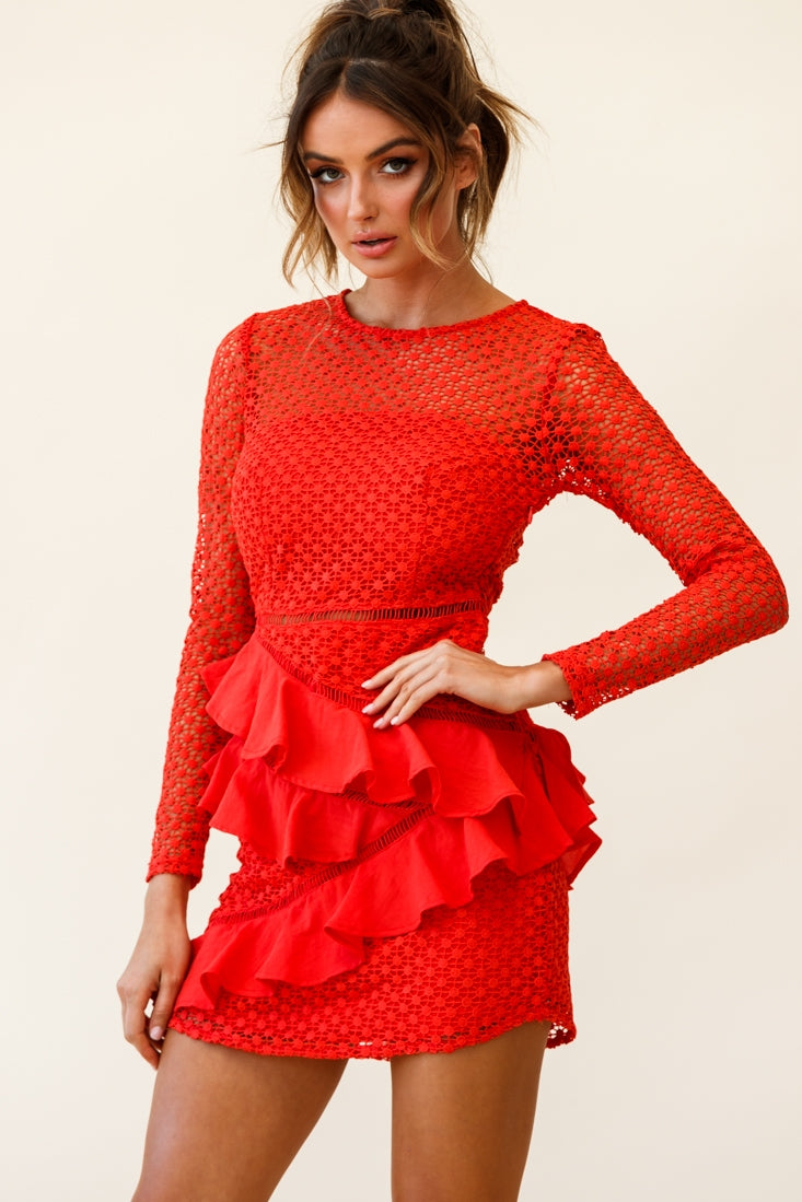 Aramis Long Sleeve Lace & Ruffle Detail Dress Red-Fable Dress
