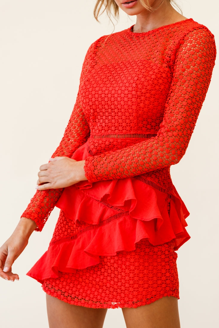 Aramis Long Sleeve Lace & Ruffle Detail Dress Red-Fable Dress