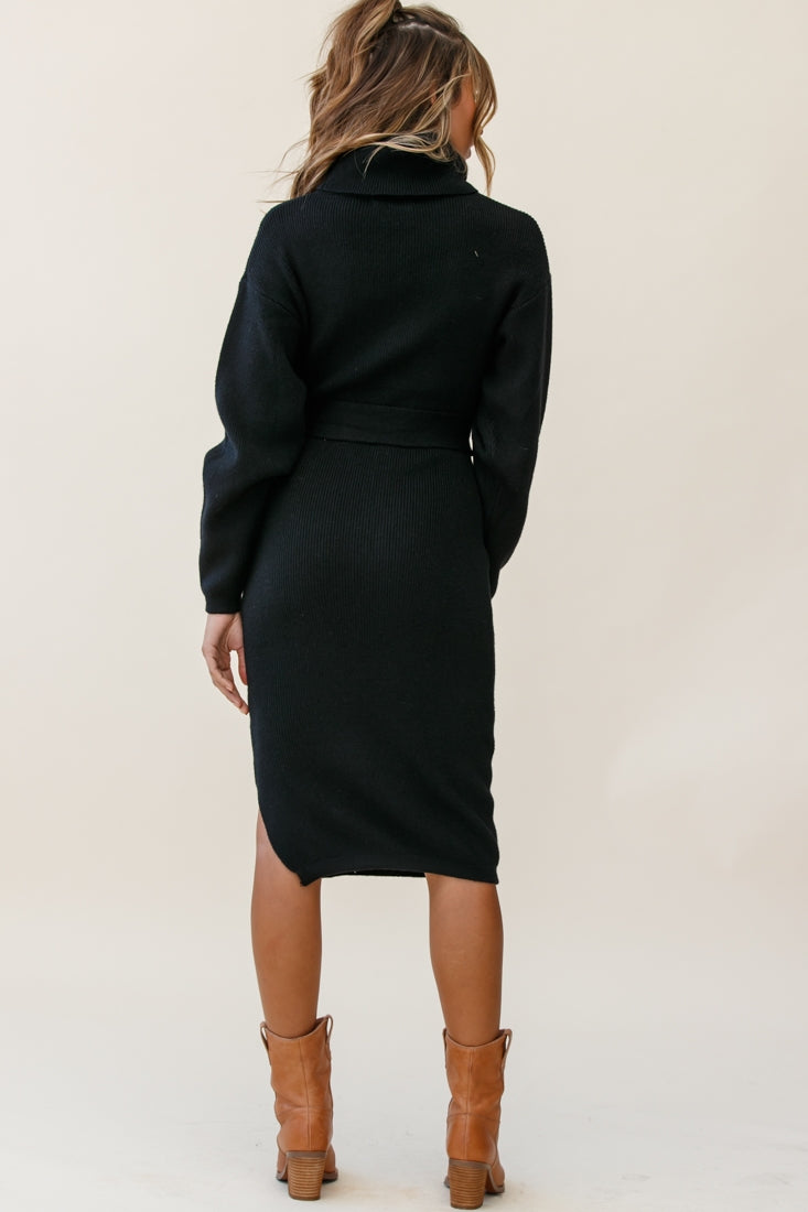 Marco Long Sleeve Turtleneck Knit Midi Dress Black-Fable Dress