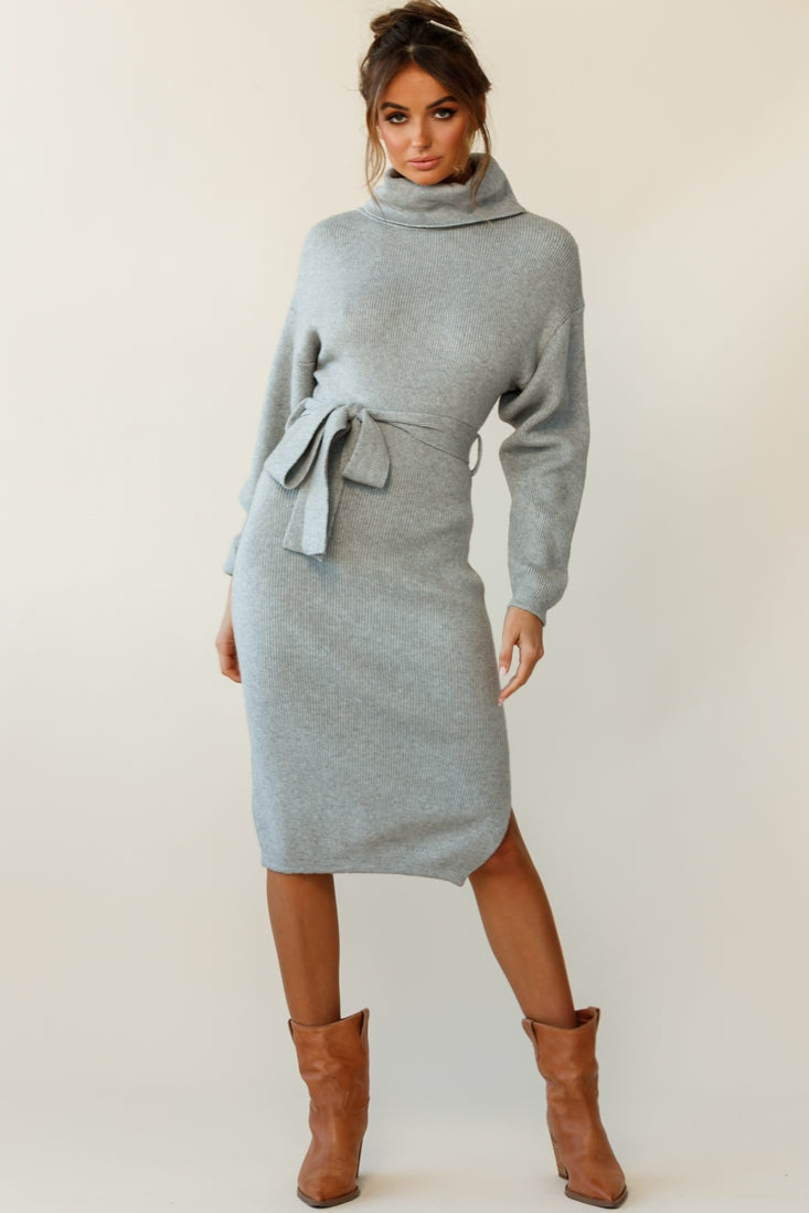 Marco Long Sleeve Turtleneck Knit Midi Dress Grey-Fable Dress
