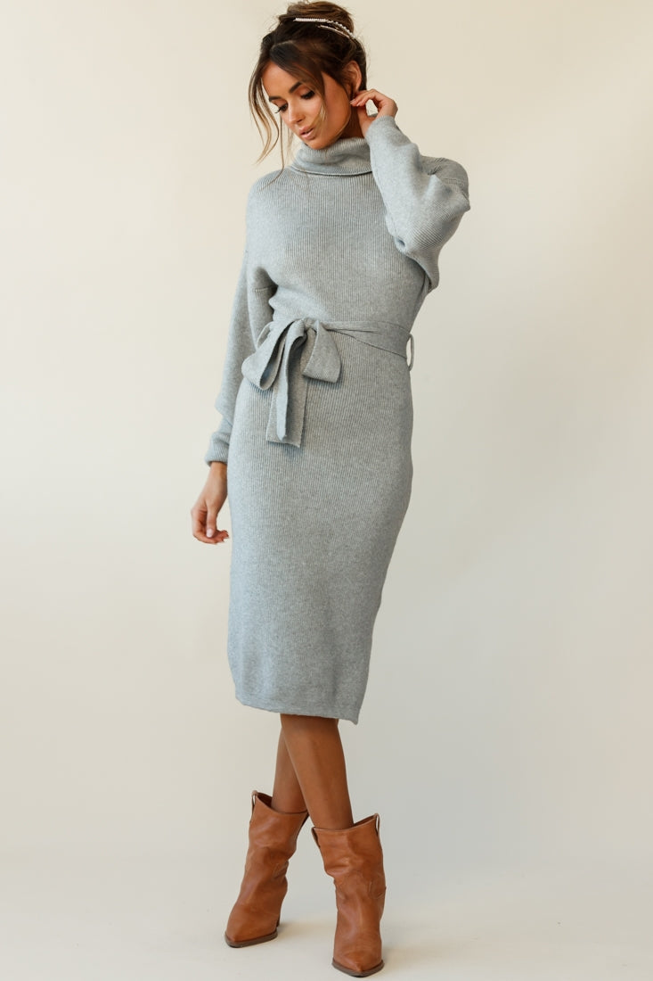 Marco Long Sleeve Turtleneck Knit Midi Dress Grey-Fable Dress