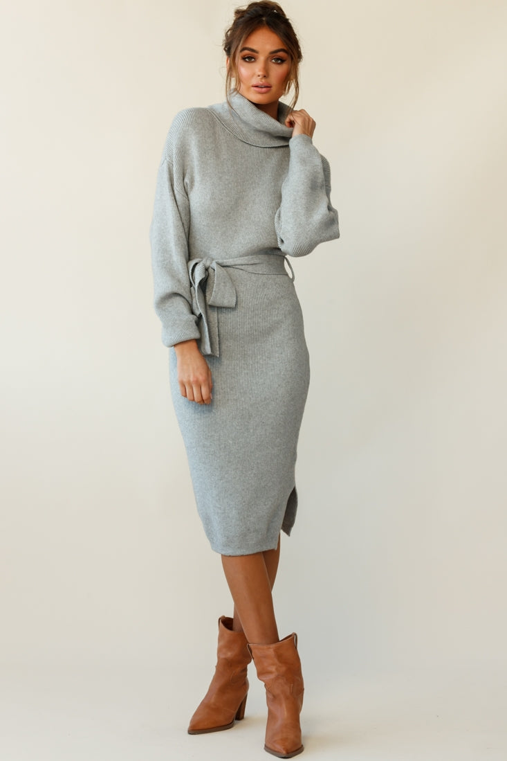 Marco Long Sleeve Turtleneck Knit Midi Dress Grey-Fable Dress