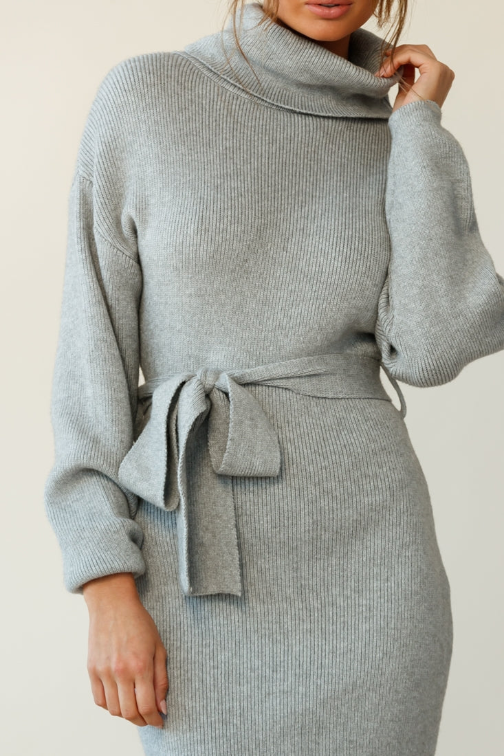 Marco Long Sleeve Turtleneck Knit Midi Dress Grey-Fable Dress