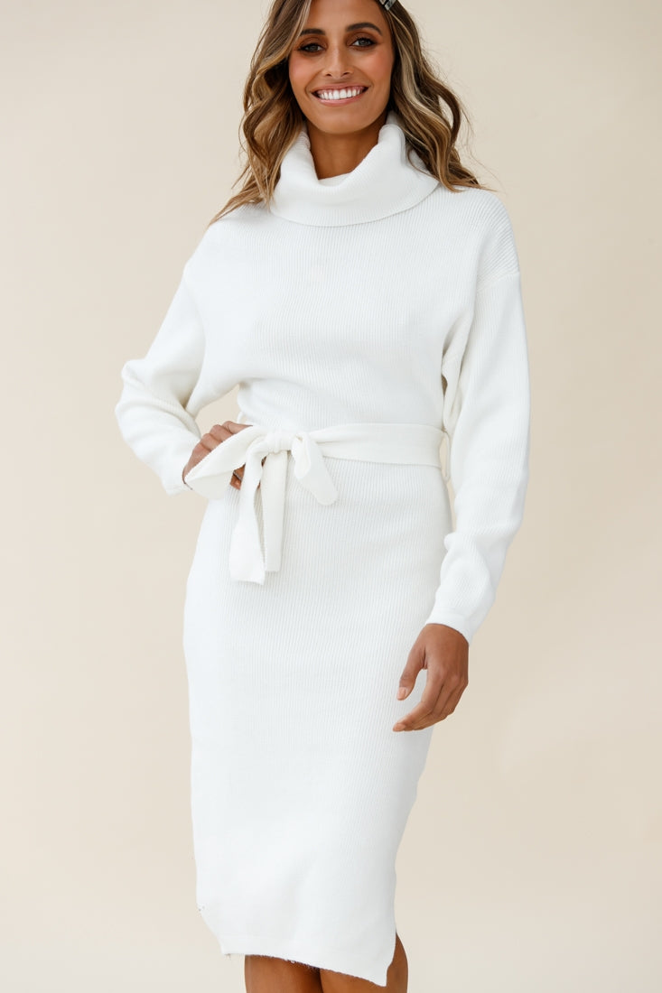 Marco Long Sleeve Turtleneck Knit Midi Dress White-Fable Dress
