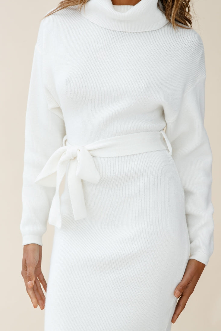 Marco Long Sleeve Turtleneck Knit Midi Dress White-Fable Dress