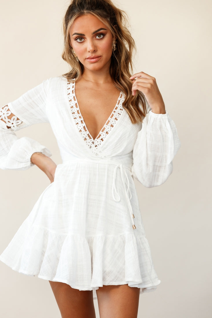 Chloye Long Balloon Sleeve Lace-Up Back Dress White-Fable Dress