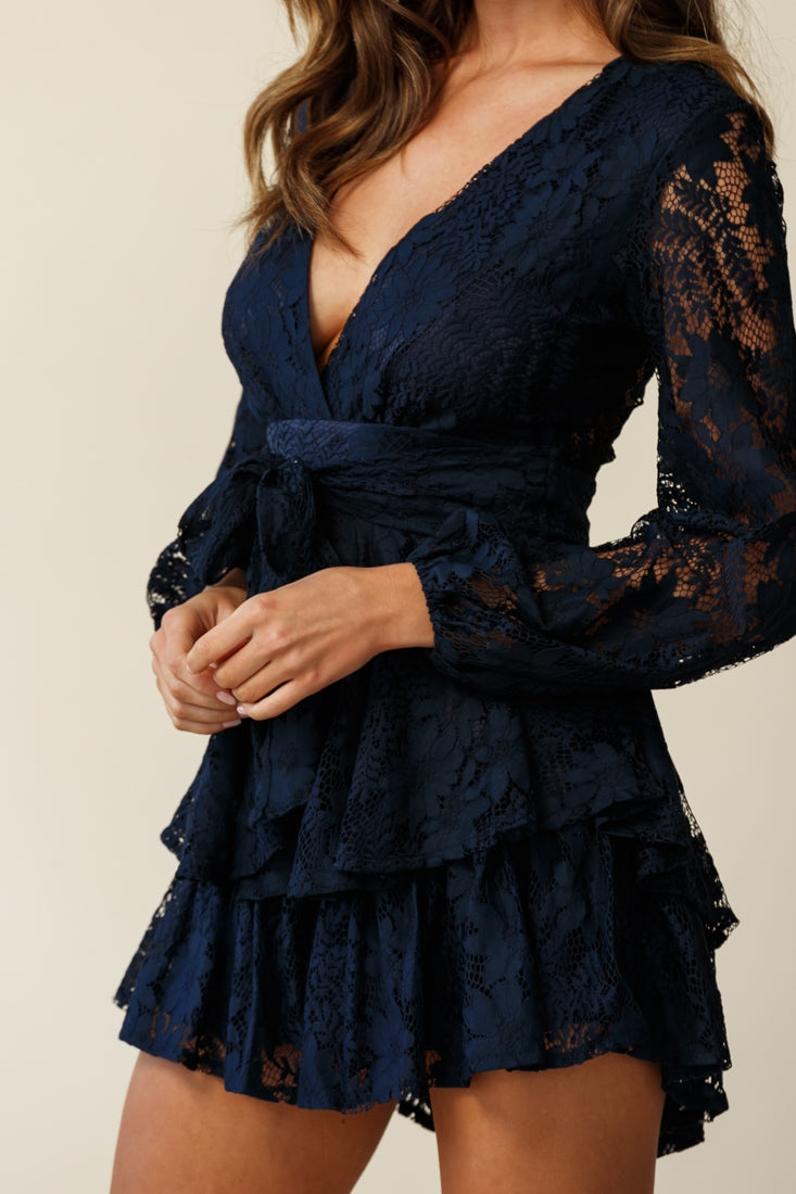 Maddox Fit & Flare Long Sleeve Romper Floral Lace Navy-Fable Dress