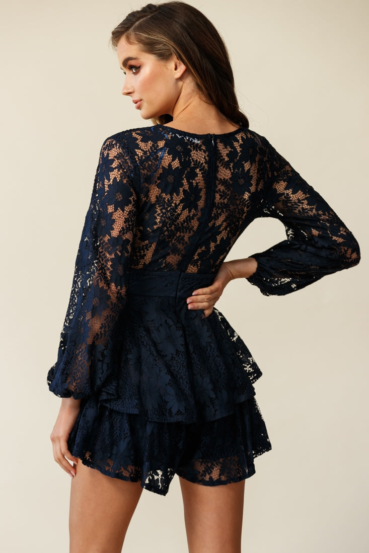 Maddox Fit & Flare Long Sleeve Romper Floral Lace Navy-Fable Dress