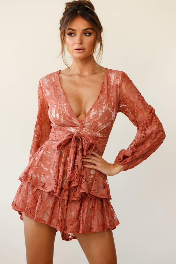 Maddox Fit & Flare Long Sleeve Romper Floral Lace Rose-Fable Dress