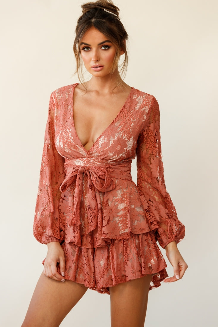 Maddox Fit & Flare Long Sleeve Romper Floral Lace Rose-Fable Dress