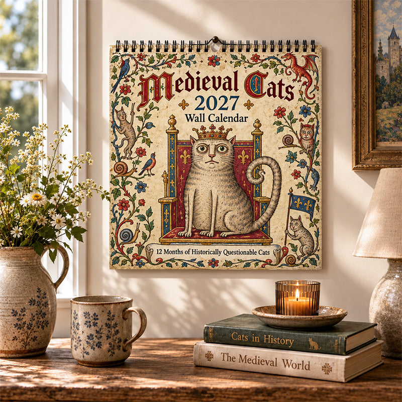 Medieval Cats 2027 wall calendar cover with crowned cat and manuscript-inspired border