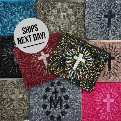 Beaded Cross Zipper Pouch | Catholic Coin Purse, Rosary Holder