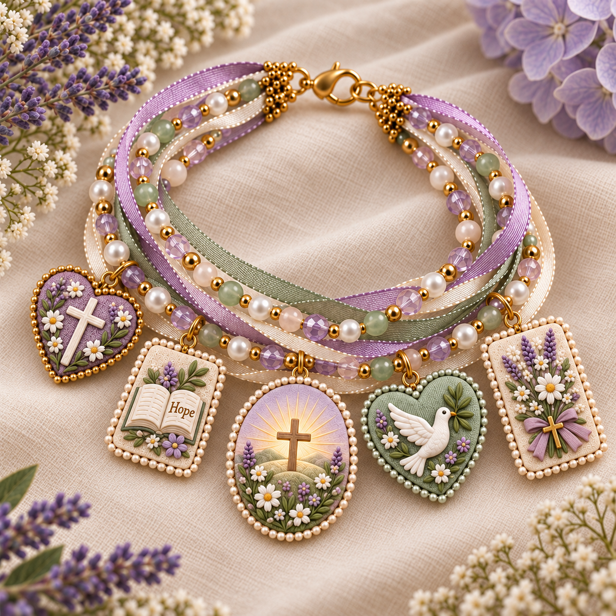 DIY Christian Faith Ribbon Bracelet Kit – Beaded Cross, Dove & Inspirational Charm Jewelry Craft Set