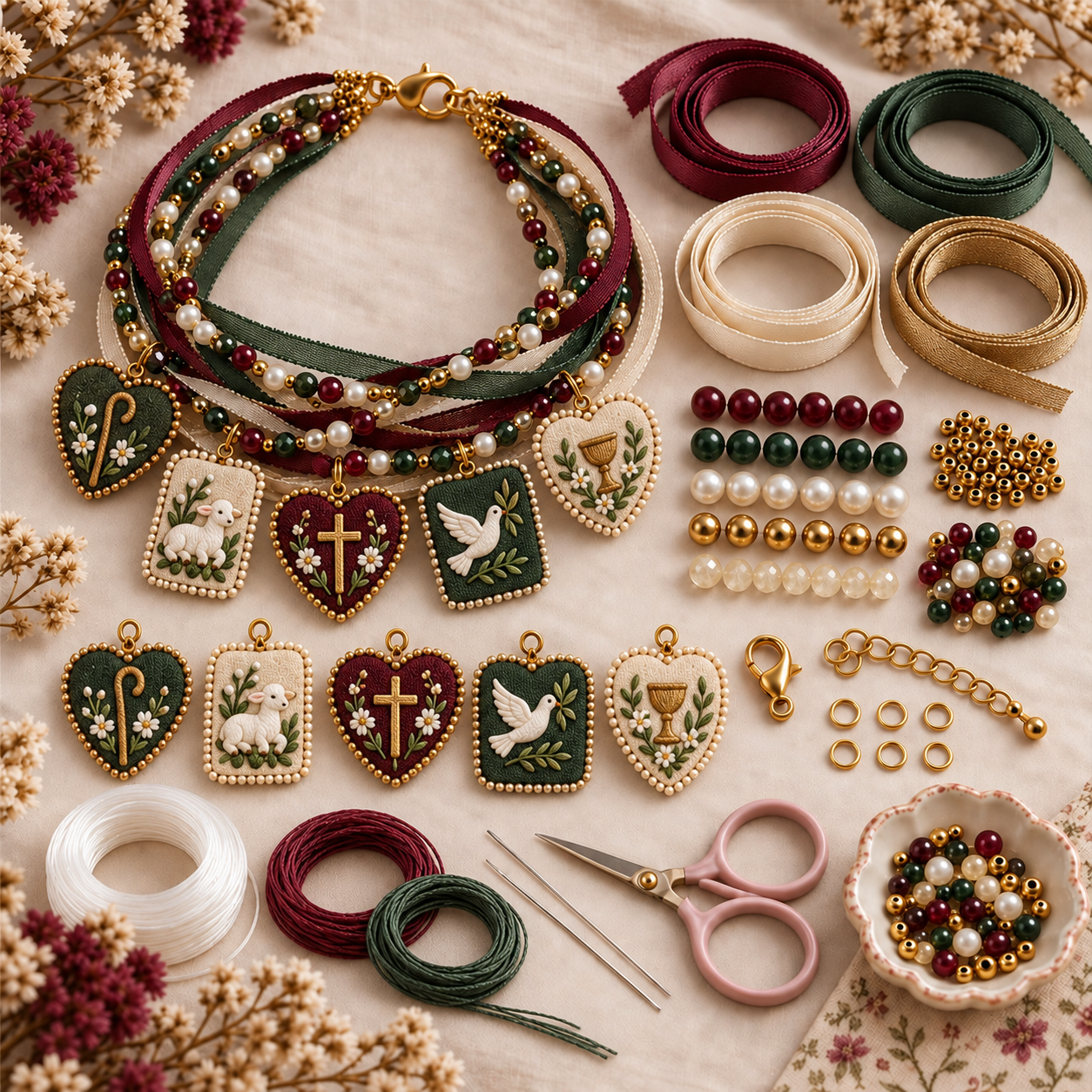 🔥49% Off Last Day🔥BUY 3 GET 1 FREE🔥DIY Christian Faith Ribbon Bracelet Kit – Beaded Cross, Dove & Inspirational Charm Jewelry Craft Set