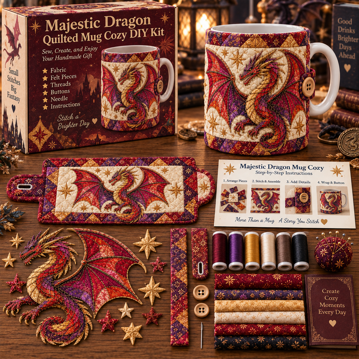 🔥49% Off Last Day🔥BUY 3 GET 1 FREE🔥Mythical Creatures Quilted Mug Cozy DIY Kit – Sew Your Own Cozy Cup Wrap