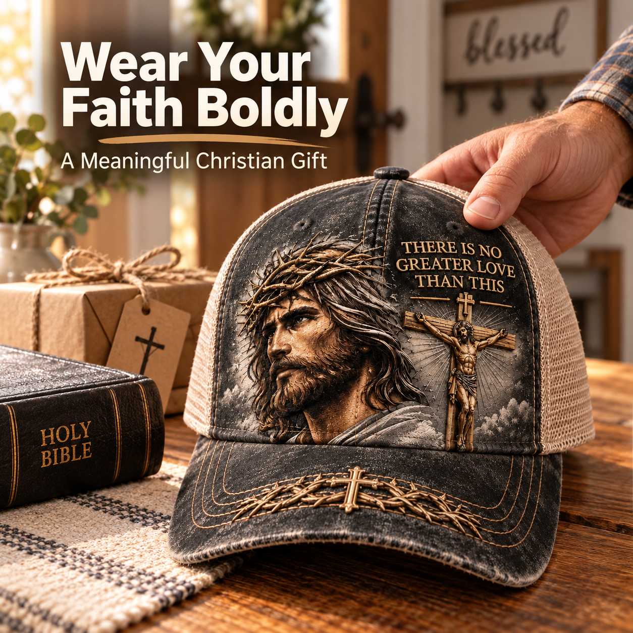 🔥49% Off Last DayThere Is No Greater Love Christian Jesus Hat – Vintage Crown of Thorns & Cross Faith Trucker Cap