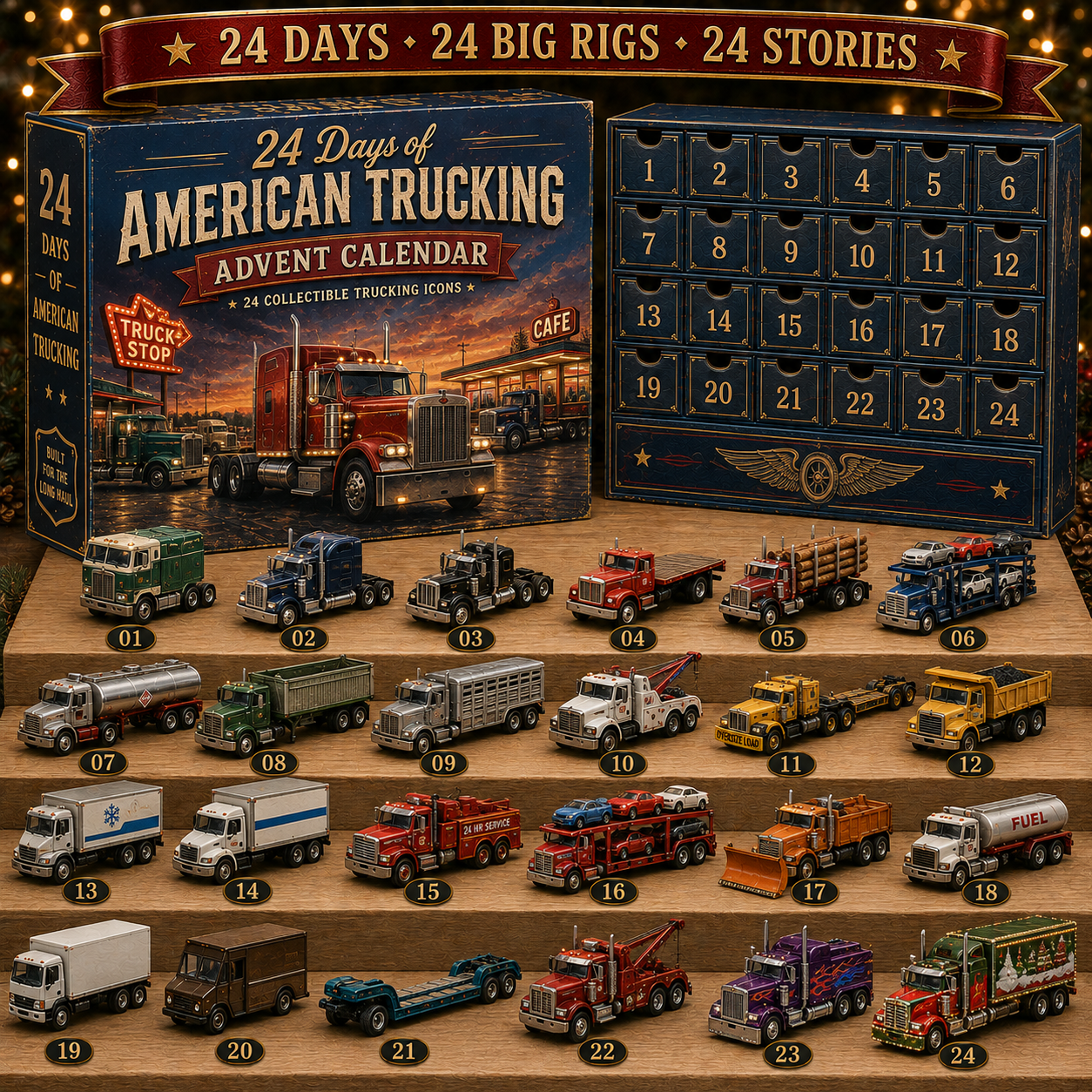 24 Days of American Trucking Advent Calendar – 24 Collectible Big Rig & Work Truck Miniatures, Christmas Countdown Gift for Truckers & Truck Fans