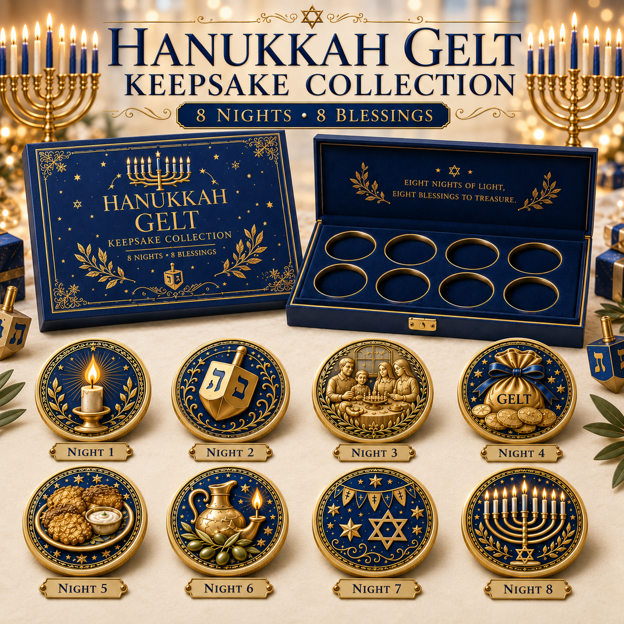 🕎Hanukkah Gelt Keepsake Collection – 8 Nights • 8 Blessings | 8-Piece Commemorative Coin Gift Set