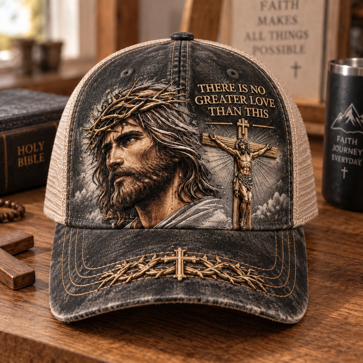 🔥49% Off Last DayThere Is No Greater Love Christian Jesus Hat – Vintage Crown of Thorns & Cross Faith Trucker Cap
