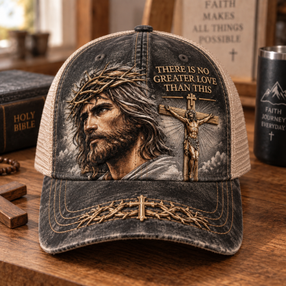 🔥49% Off Last DayThere Is No Greater Love Christian Jesus Hat – Vintage Crown of Thorns & Cross Faith Trucker Cap