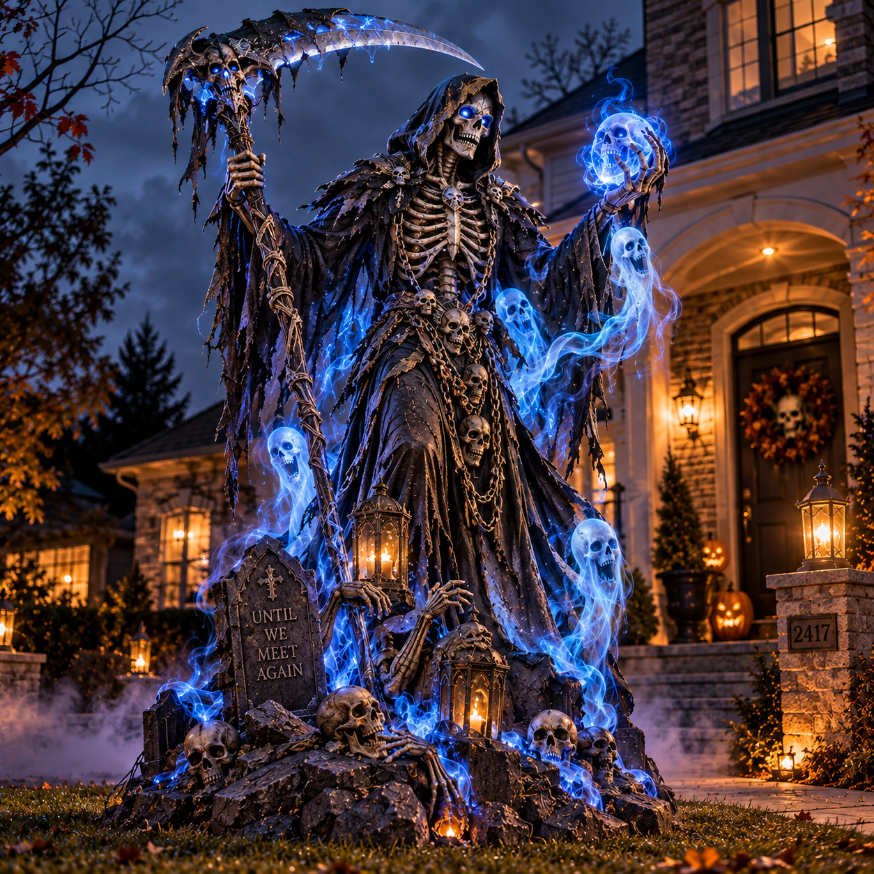 Concept detail of a Grim Reaper display with scythe, skulls and graveyard elements