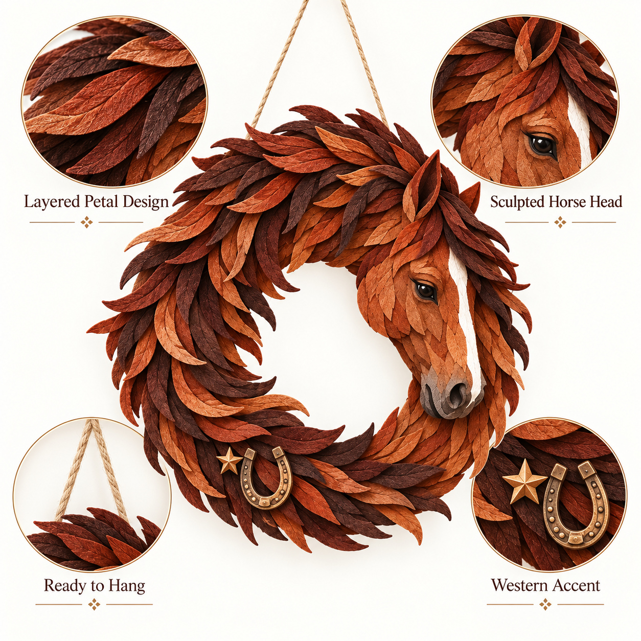 Close-up details of layered rustic horse wreath horse head horseshoe and rope hanger