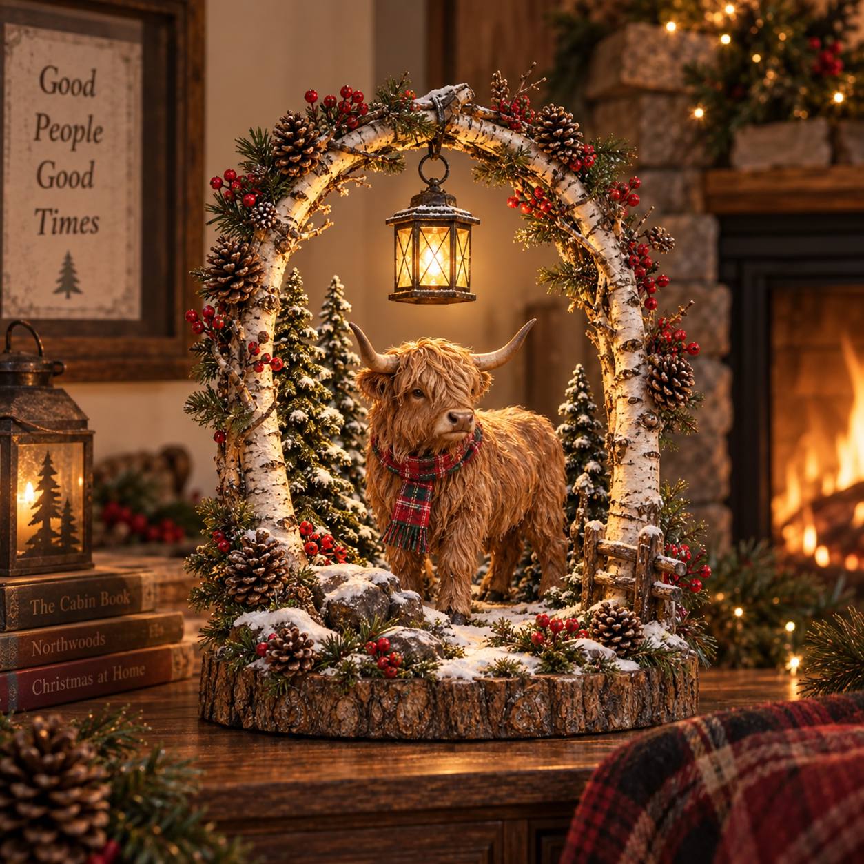 Concept close view of a Highland cow winter woodland decoration
