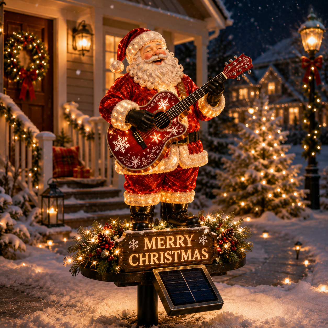 Guitar-playing Santa decoration with illuminated details and solar panel