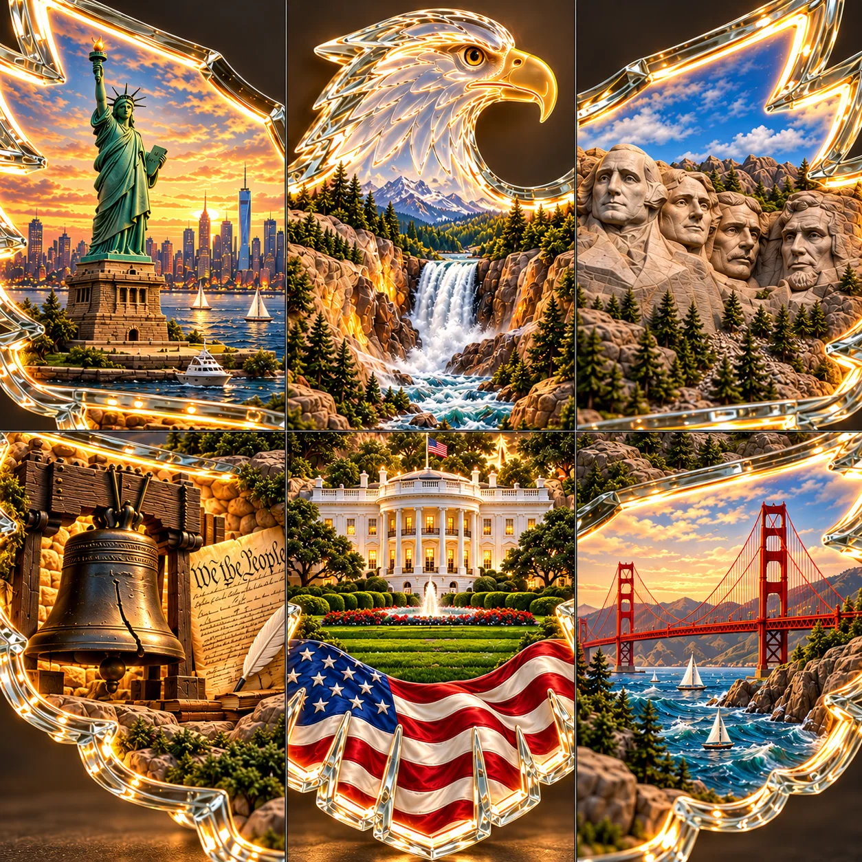 Six enlarged views of the eagle’s Statue of Liberty, Yellowstone, Mount Rushmore, Liberty Bell, White House and Golden Gate scenes